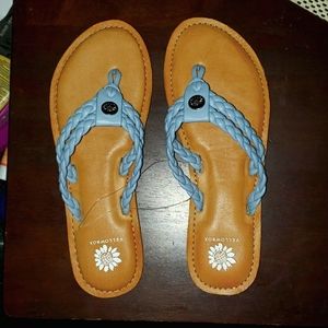 Yellowbox sandals, NWOT, size 6.5, brown & blue, small silver flower engraved
